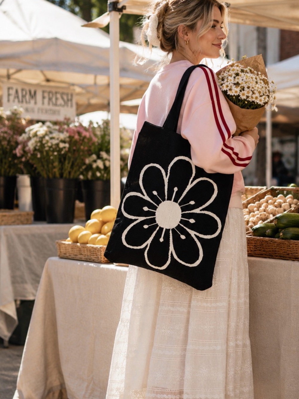 Vintage Floral Print Boho Knit Crochet Tote Bag - Picture 6 of 8